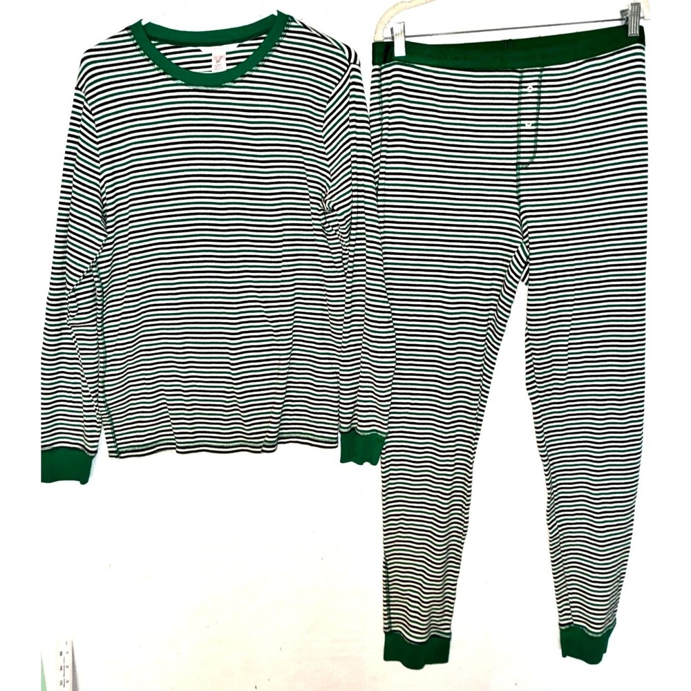 Victoria's Secret Thermal Long PJ Pajama Set Green Stripe XL Long 2 pc